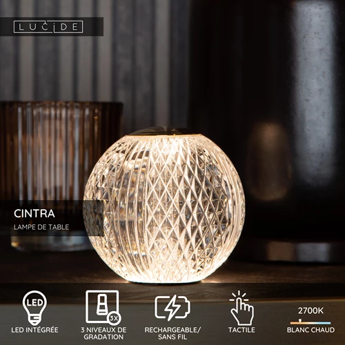 Lucide CINTRA - Lampe de table Rechargeable - Batterie/Piles - Ø 11 cm - LED 3 StepDim - 1x2W 2700K - Transparent - USP